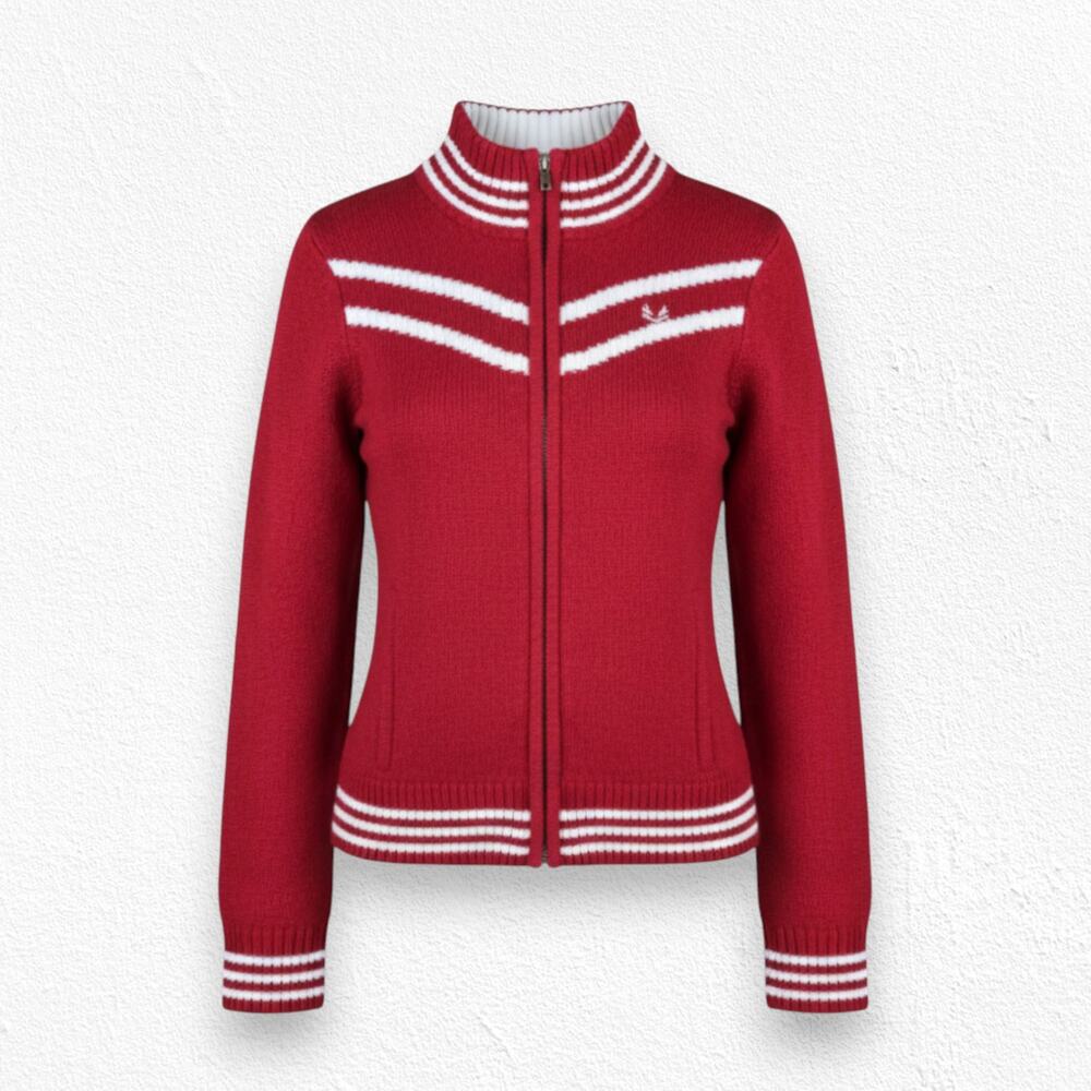 90s Y2K Red White Striped Mock Neck Sporty Retro Full Zip Sweater Size Medium